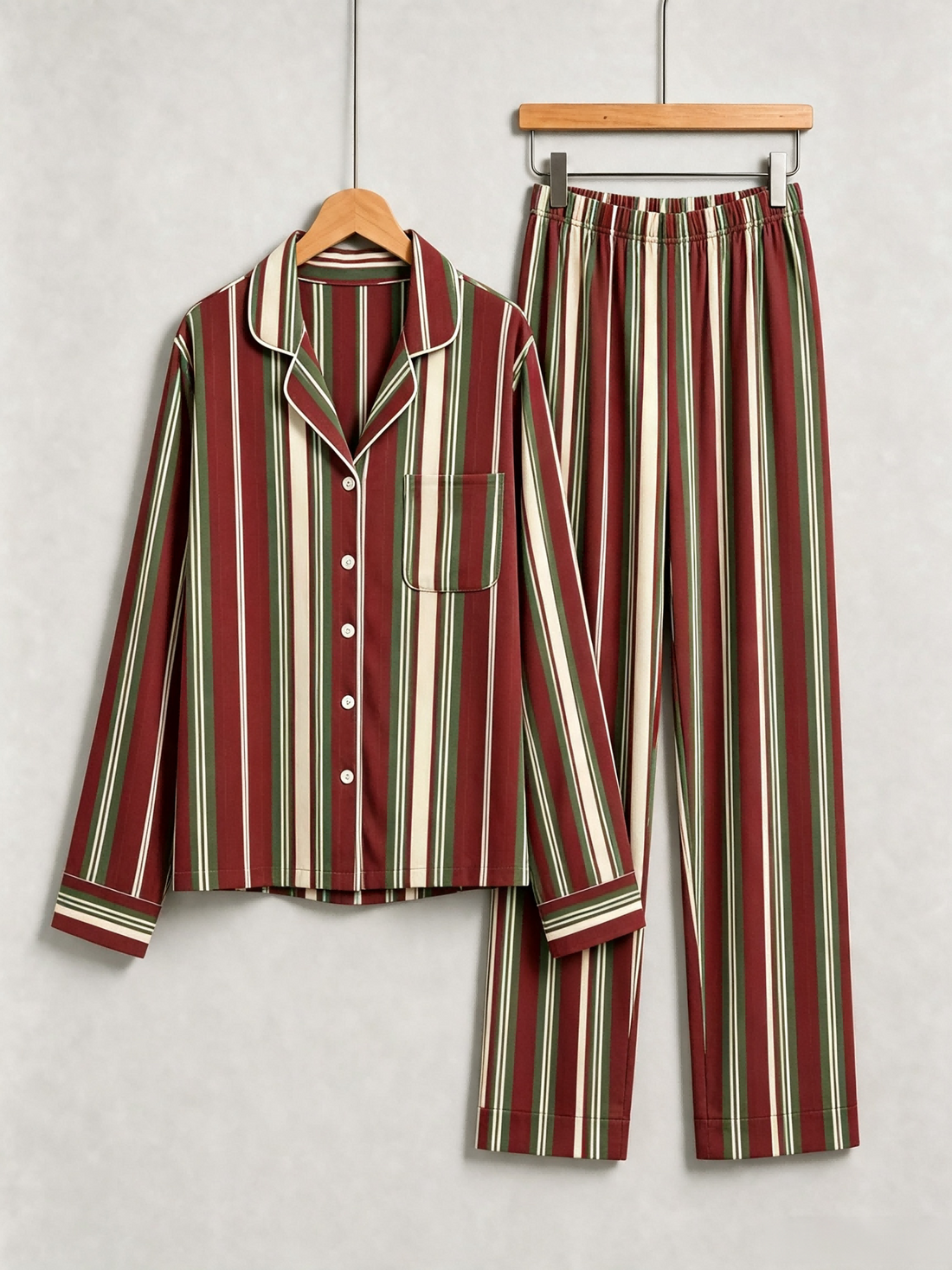 Matching Couple Pajamas - Burgundy Forest Green Cream Vintage Striped Button up Pajamas