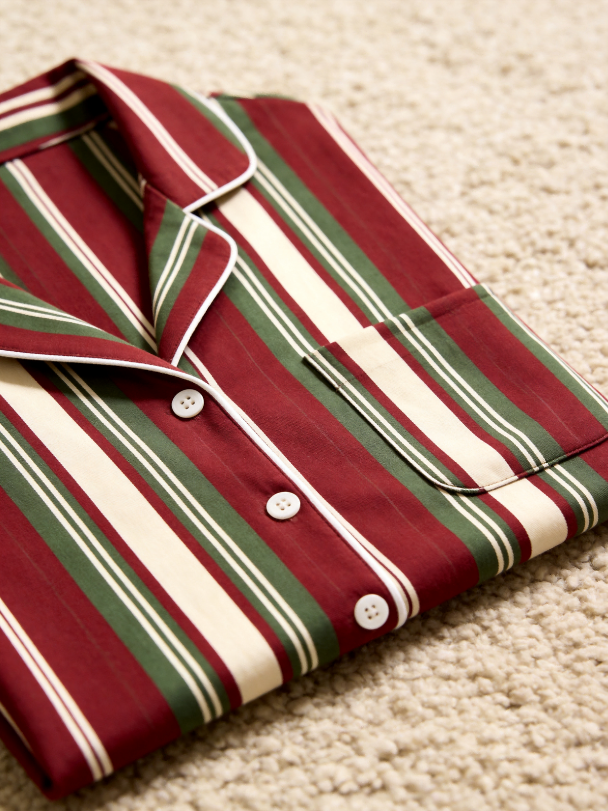 Matching Couple Pajamas - Burgundy Forest Green Cream Vintage Striped Button up Pajamas