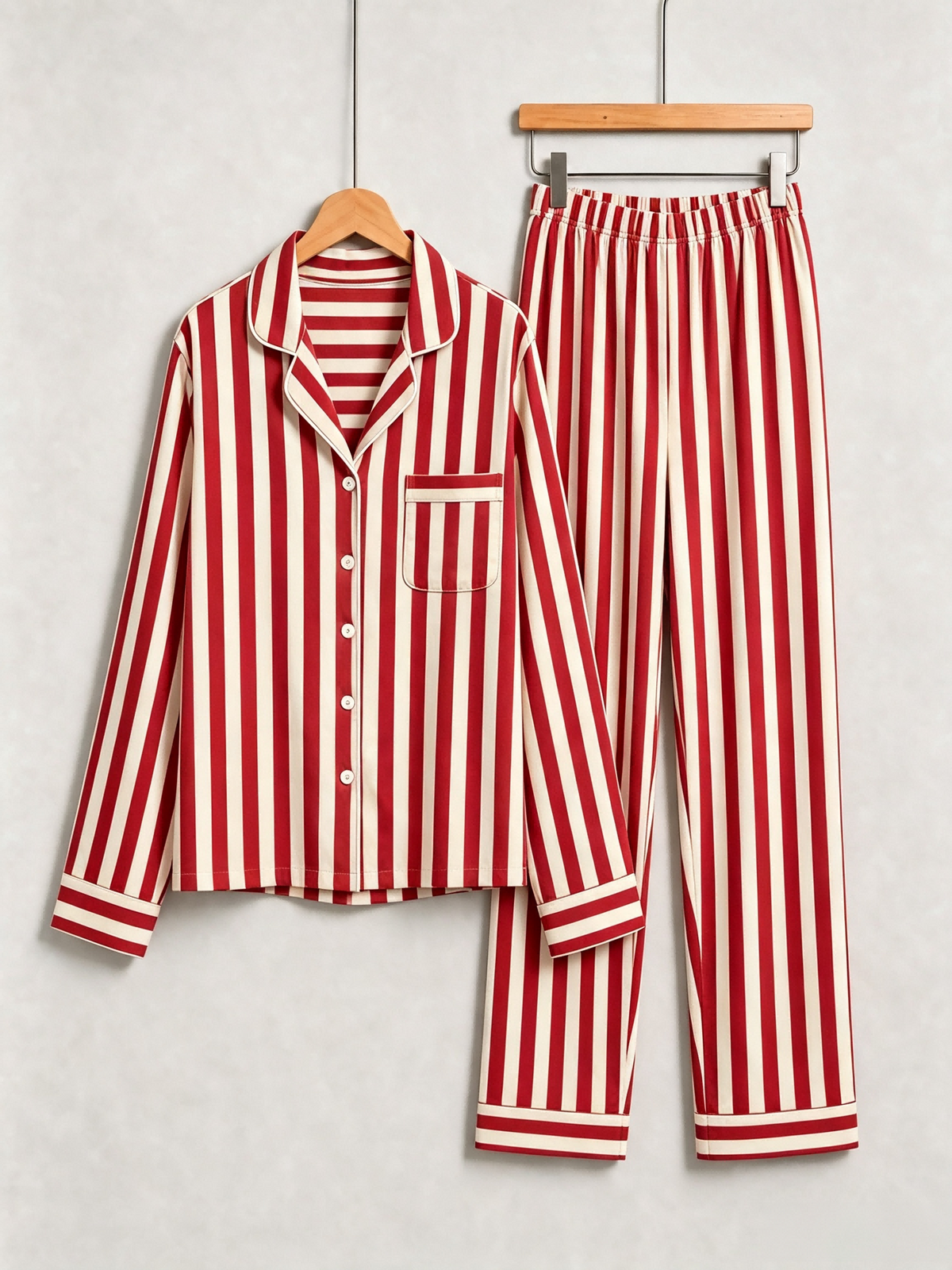 Matching Couple Pajamas - Red & White Bold Vertical Striped Button up Pajamas