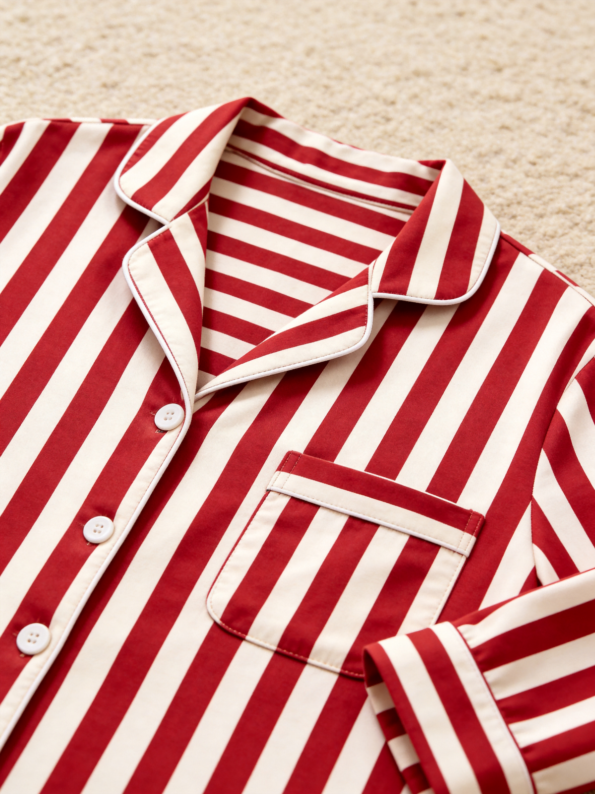 Matching Couple Pajamas - Red & White Bold Vertical Striped Button up Pajamas