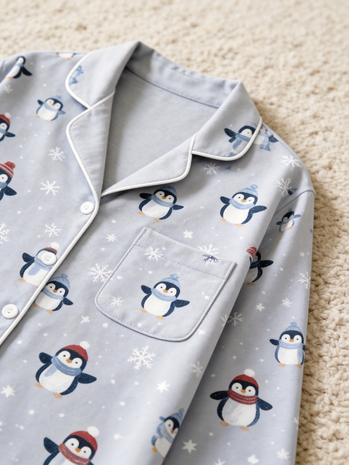 Matching Couple Pajamas - Light Grey Winter Penguin & Snowflake Print Button up Pajamas