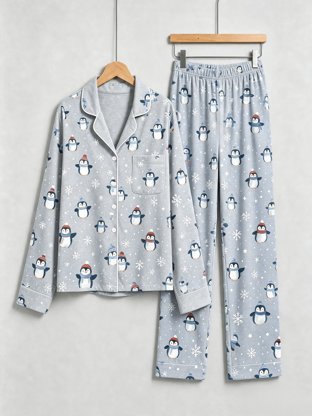 Matching Couple Pajamas - Light Grey Winter Penguin & Snowflake Print Button up Pajamas