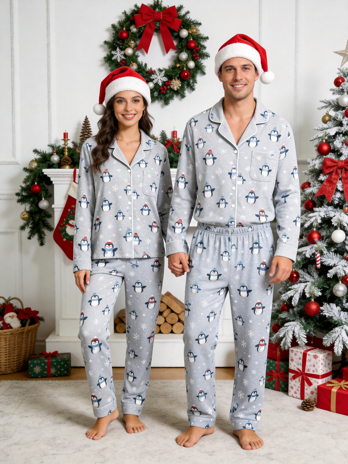 Matching Couple Pajamas - Light Grey Winter Penguin & Snowflake Print Button up Pajamas