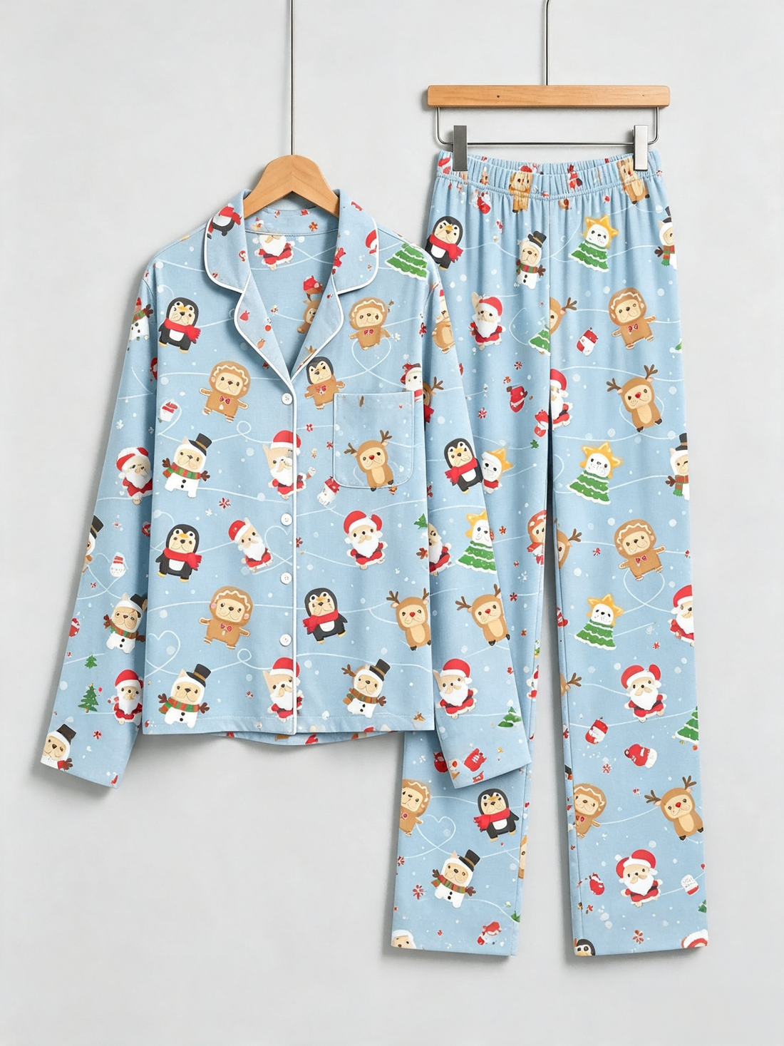 Matching Couple Pajamas - Light Blue Christmas Santa & Reindeer Cartoon Print Button up Pajamas