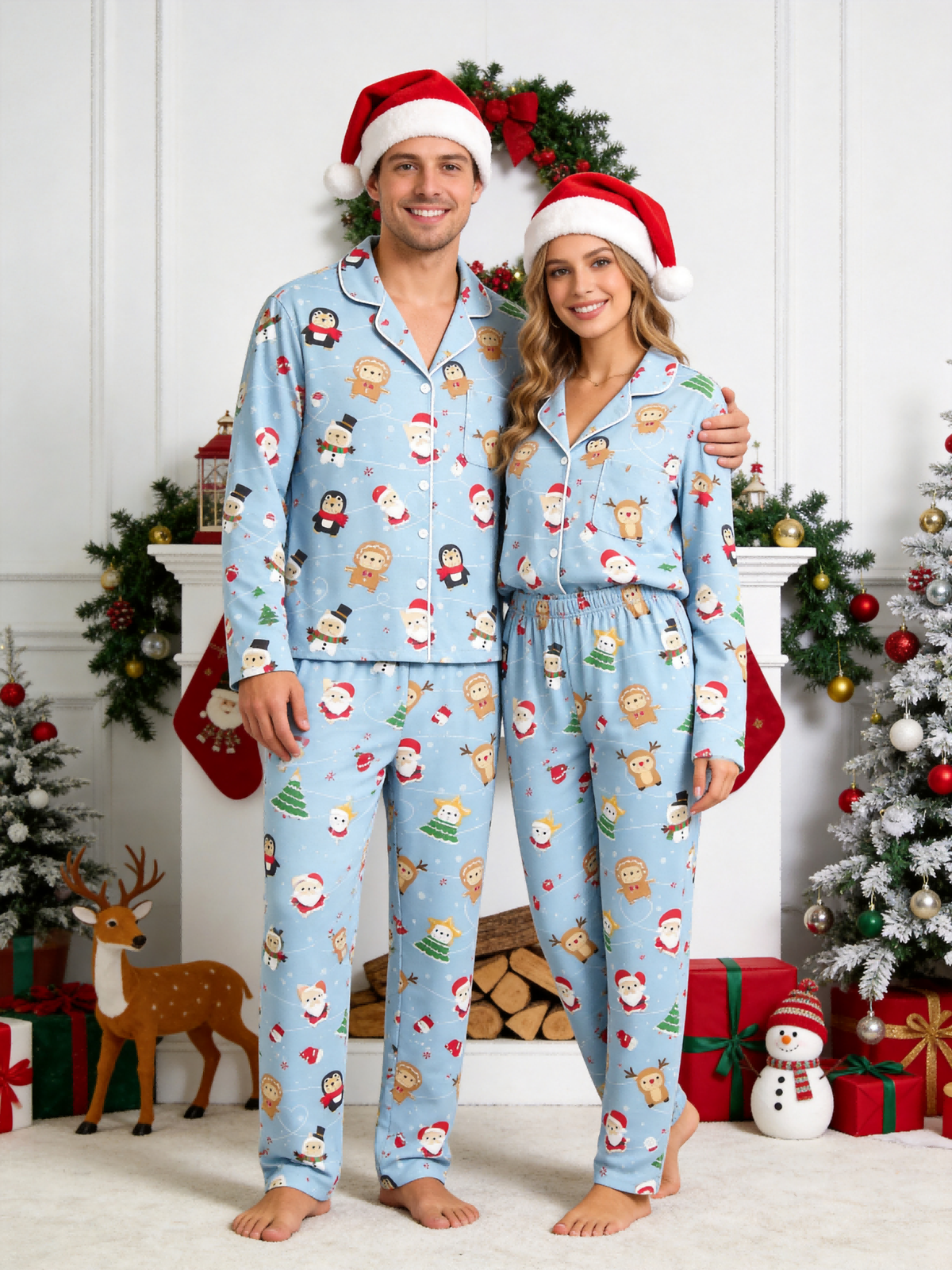 Matching Family Pajamas - Light Blue Christmas Santa & Reindeer Cartoon Print Button up Pajamas