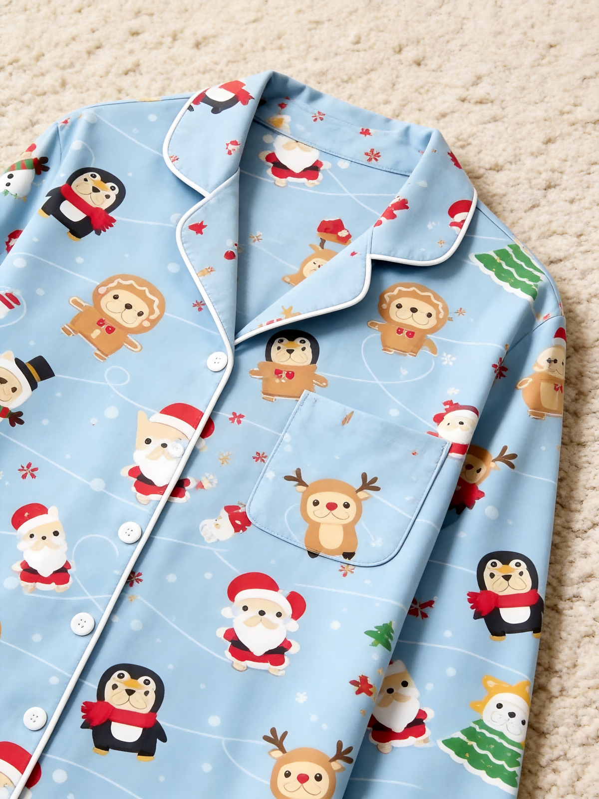 Matching Couple Pajamas - Light Blue Christmas Santa & Reindeer Cartoon Print Button up Pajamas