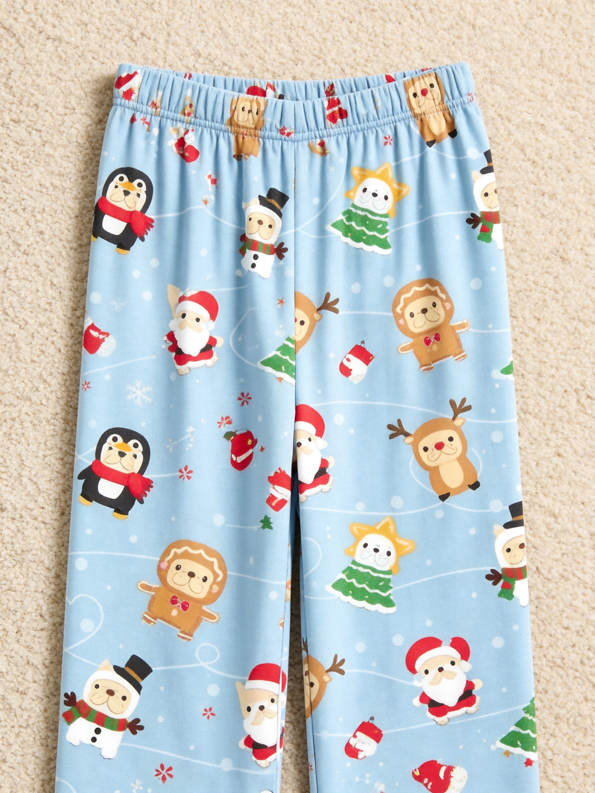 Matching Couple Pajamas - Light Blue Christmas Santa & Reindeer Cartoon Print Button up Pajamas