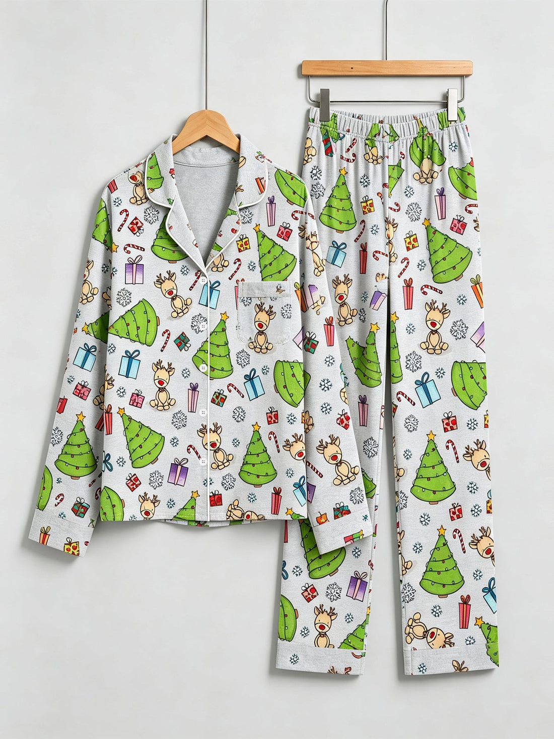 Christmas Family Pajamas 2-Piece Button-Down Long Sleeve Long Pants with Pocket - Cute Reindeer & Christmas Tree Print
