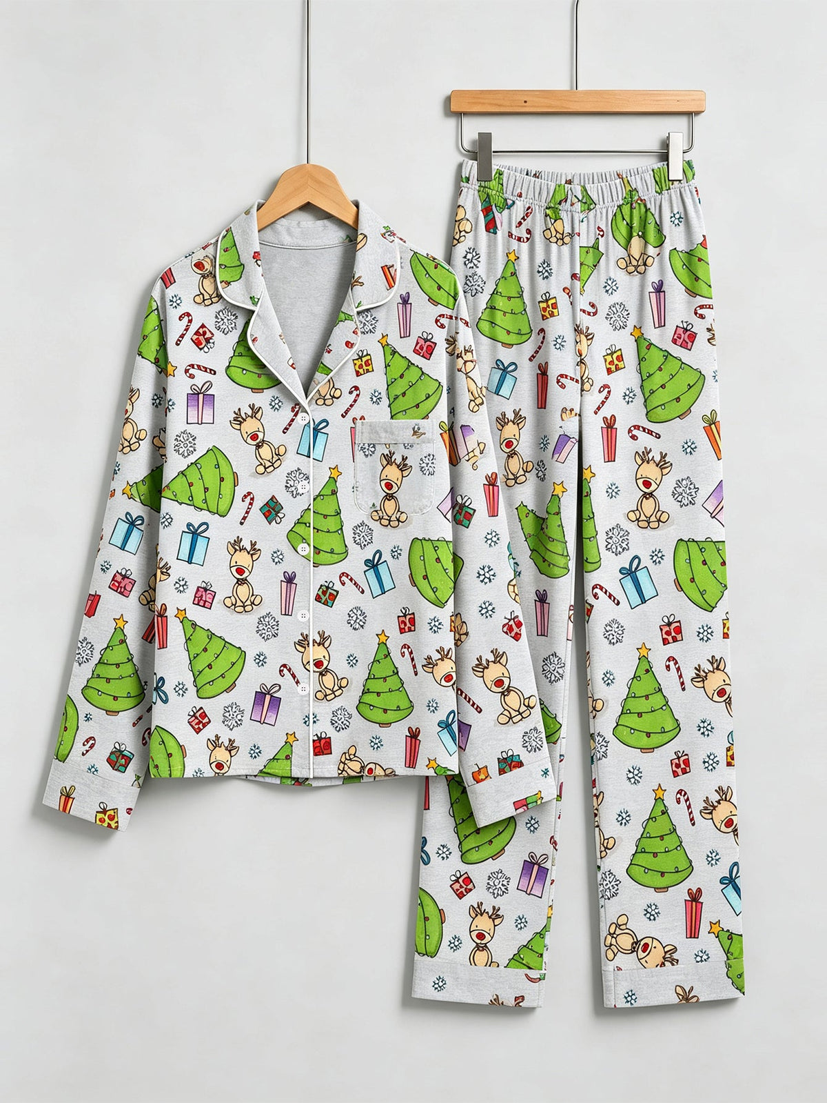 Christmas Family Pajamas 2-Piece Button-Down Long Sleeve Long Pants with Pocket - Cute Reindeer & Christmas Tree Print