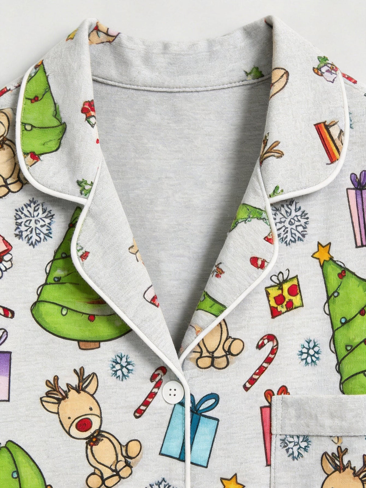 Christmas Family Pajamas 2-Piece Button-Down Long Sleeve Long Pants with Pocket - Cute Reindeer & Christmas Tree Print