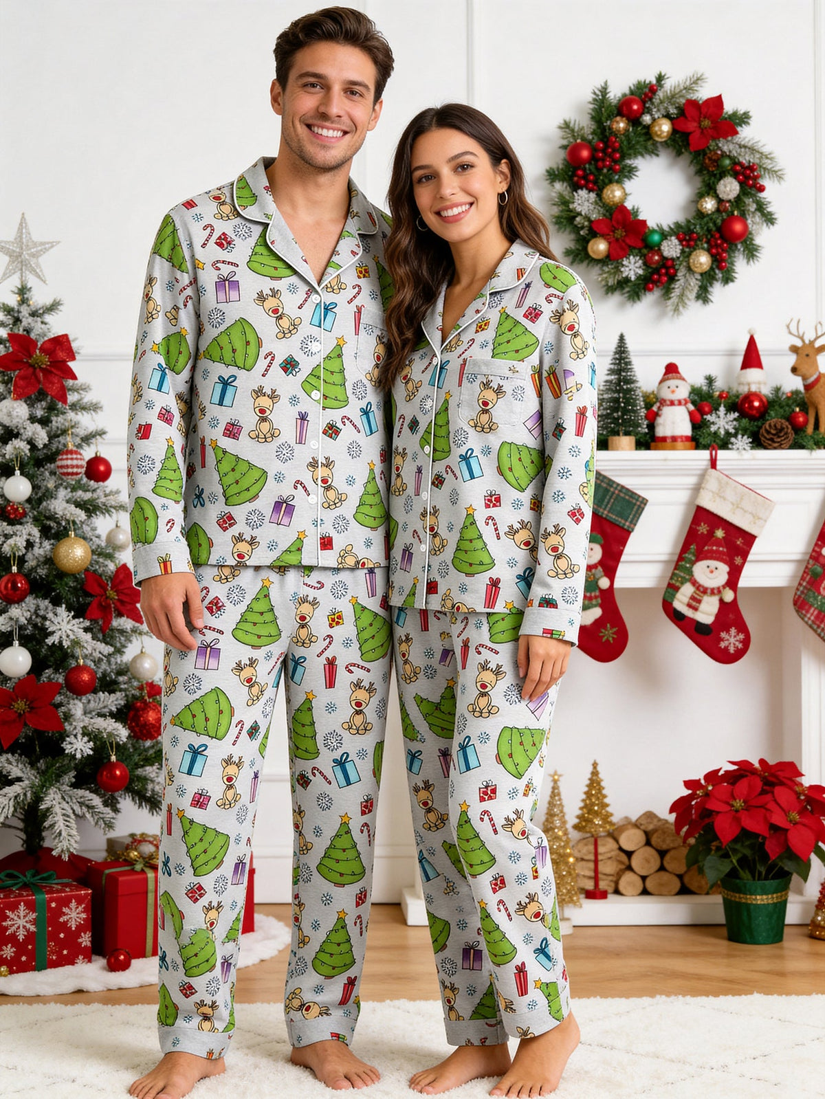 Christmas Family Pajamas 2-Piece Button-Down Long Sleeve Long Pants with Pocket - Cute Reindeer & Christmas Tree Print