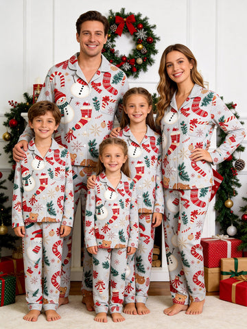 Holiday Family Pajamas Two-Piece Button-Front Long Sleeve Long Pants with Pocket - Festive Snowman & Candy Cane Print