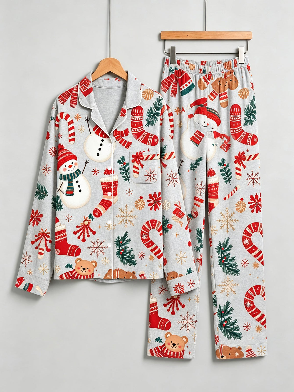 Holiday Family Pajamas Two-Piece Button-Front Long Sleeve Long Pants with Pocket - Festive Snowman & Candy Cane Print
