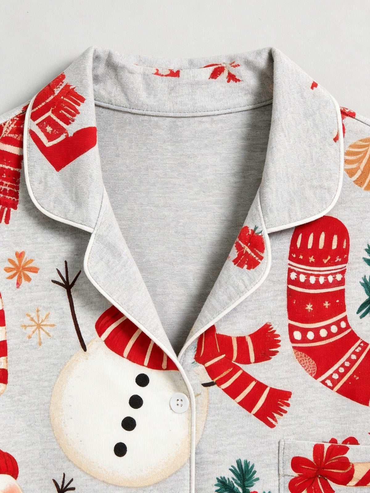 Holiday Family Pajamas Two-Piece Button-Front Long Sleeve Long Pants with Pocket - Festive Snowman & Candy Cane Print