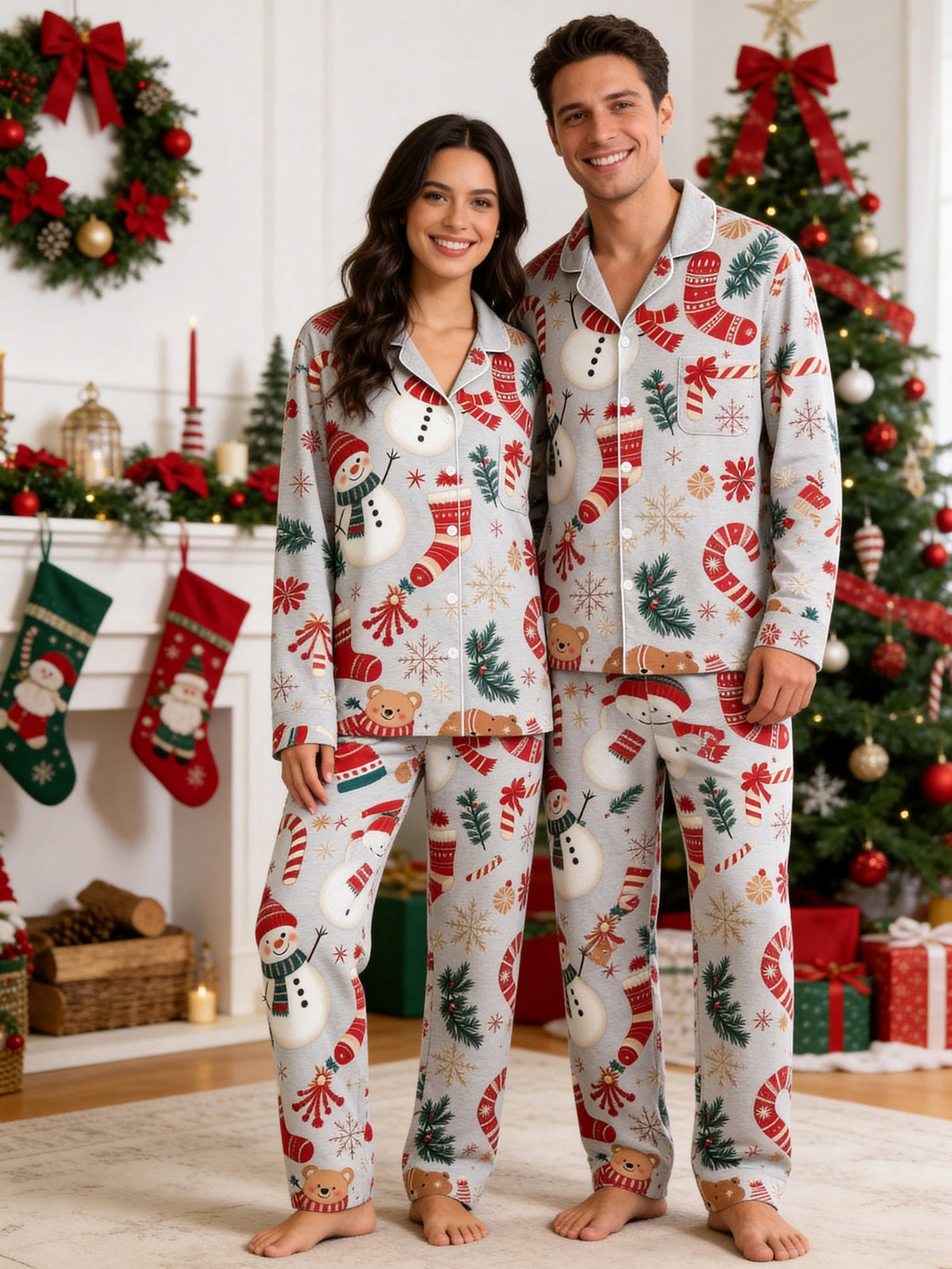 Holiday Family Pajamas Two-Piece Button-Front Long Sleeve Long Pants with Pocket - Festive Snowman & Candy Cane Print