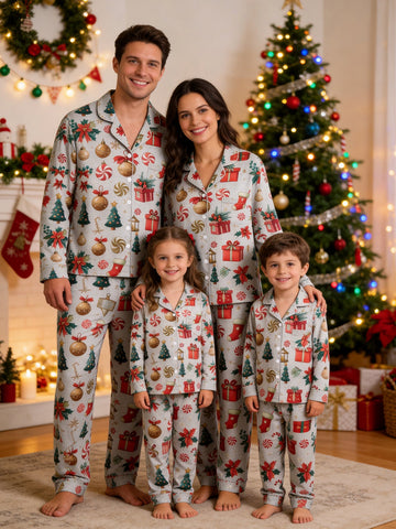 Christmas Family Pajamas 2-Piece Button-Down Long Sleeve Long Pants with Pocket - Festive Gift Box & Stocking Print