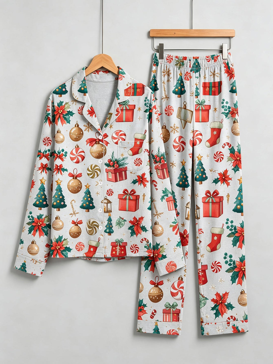 Christmas Family Pajamas 2-Piece Button-Down Long Sleeve Long Pants with Pocket - Festive Gift Box & Stocking Print