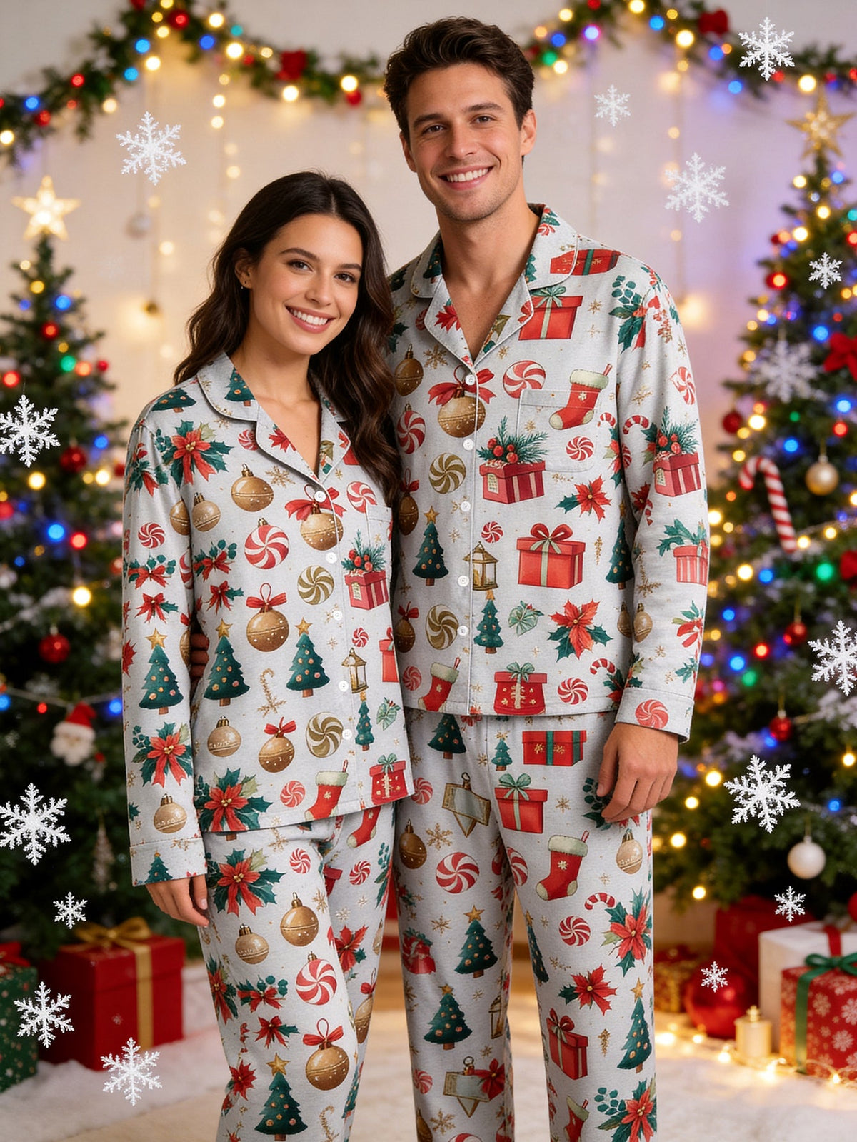 Christmas Family Pajamas 2-Piece Button-Down Long Sleeve Long Pants with Pocket - Festive Gift Box & Stocking Print