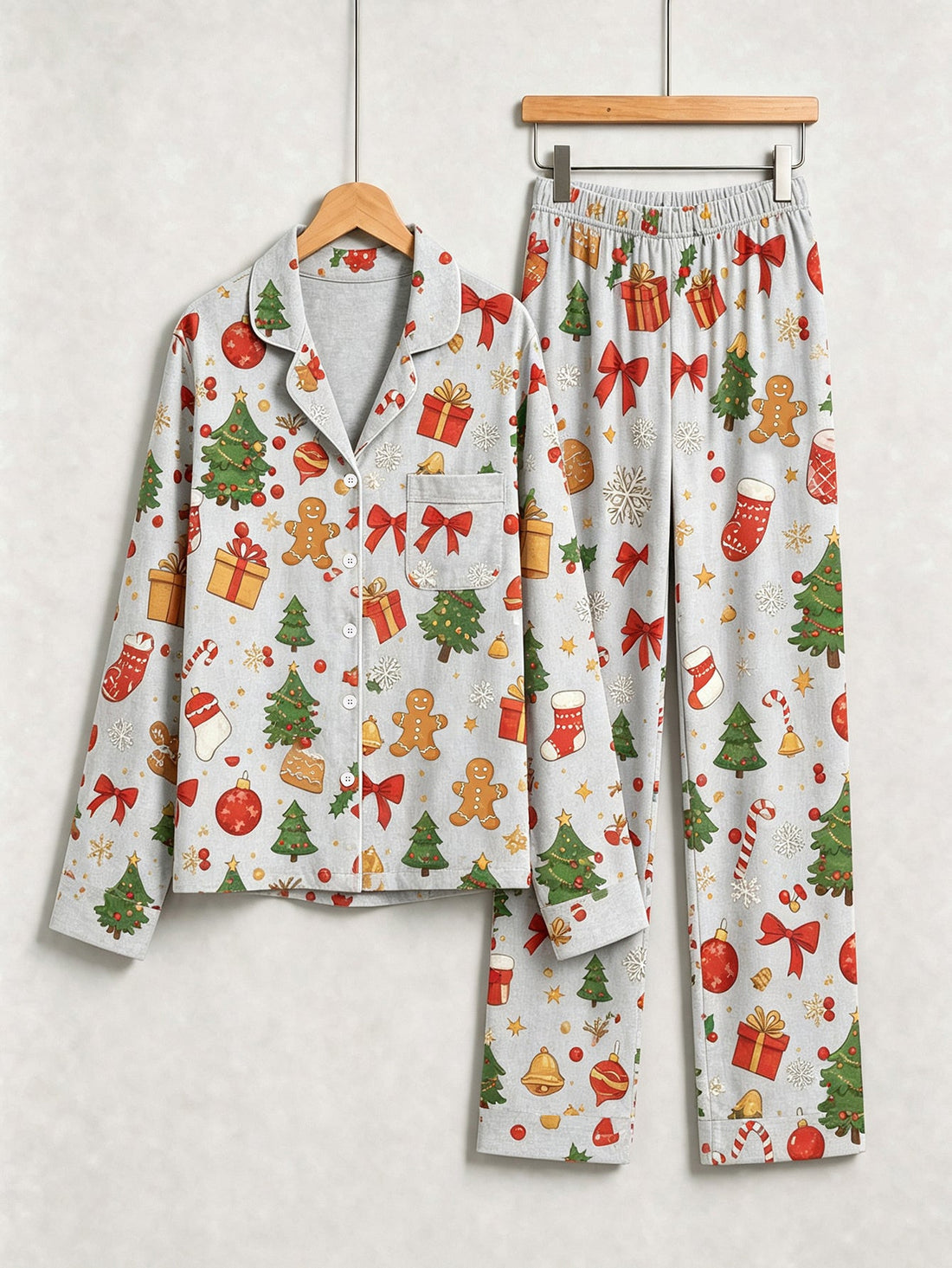 Christmas Family Sleepwear 2-Piece Button-Down Long Sleeve Long Pants with Pocket - Gingerbread Man & Gift Box Print
