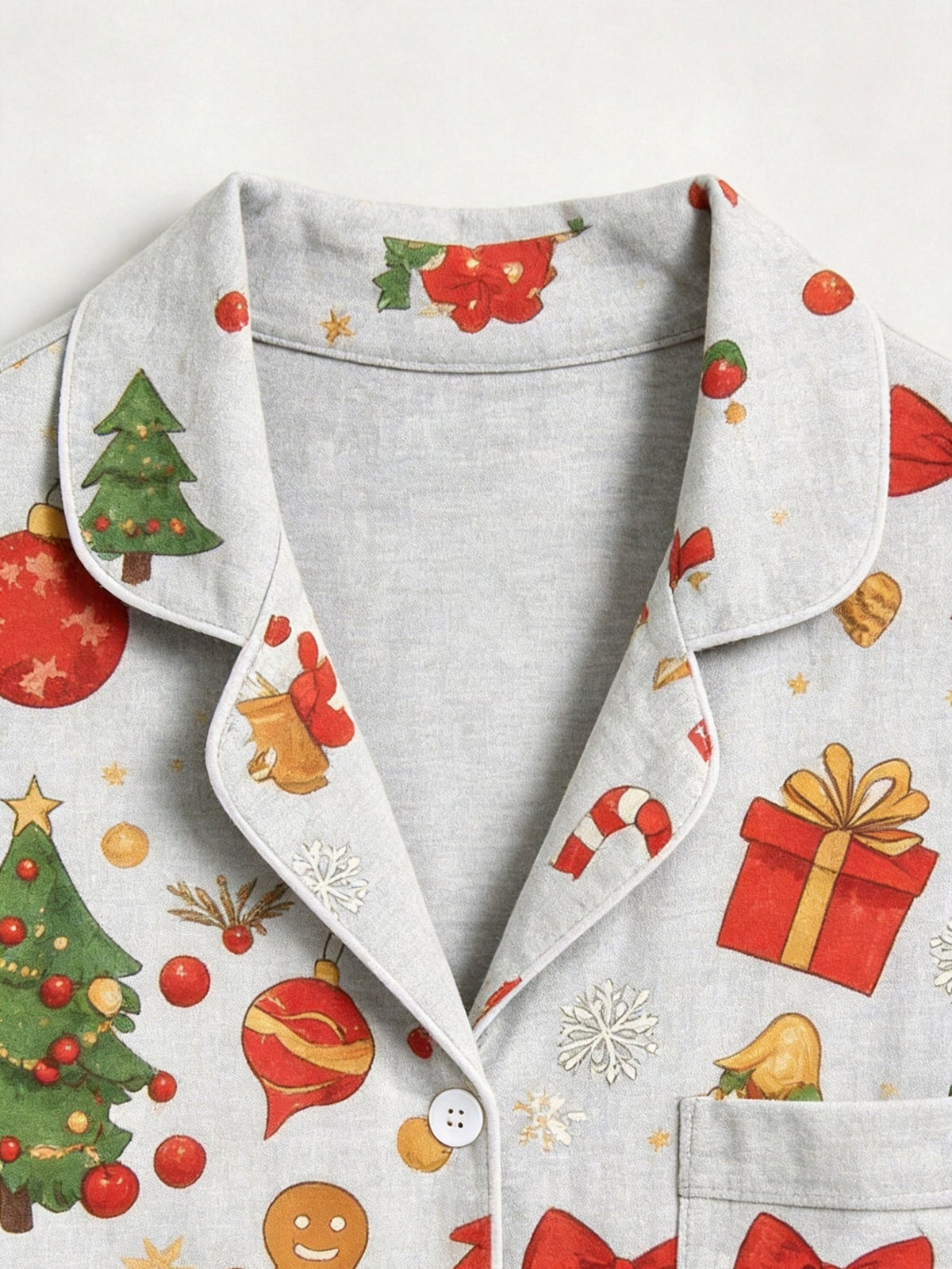 Christmas Family Sleepwear 2-Piece Button-Down Long Sleeve Long Pants with Pocket - Gingerbread Man & Gift Box Print