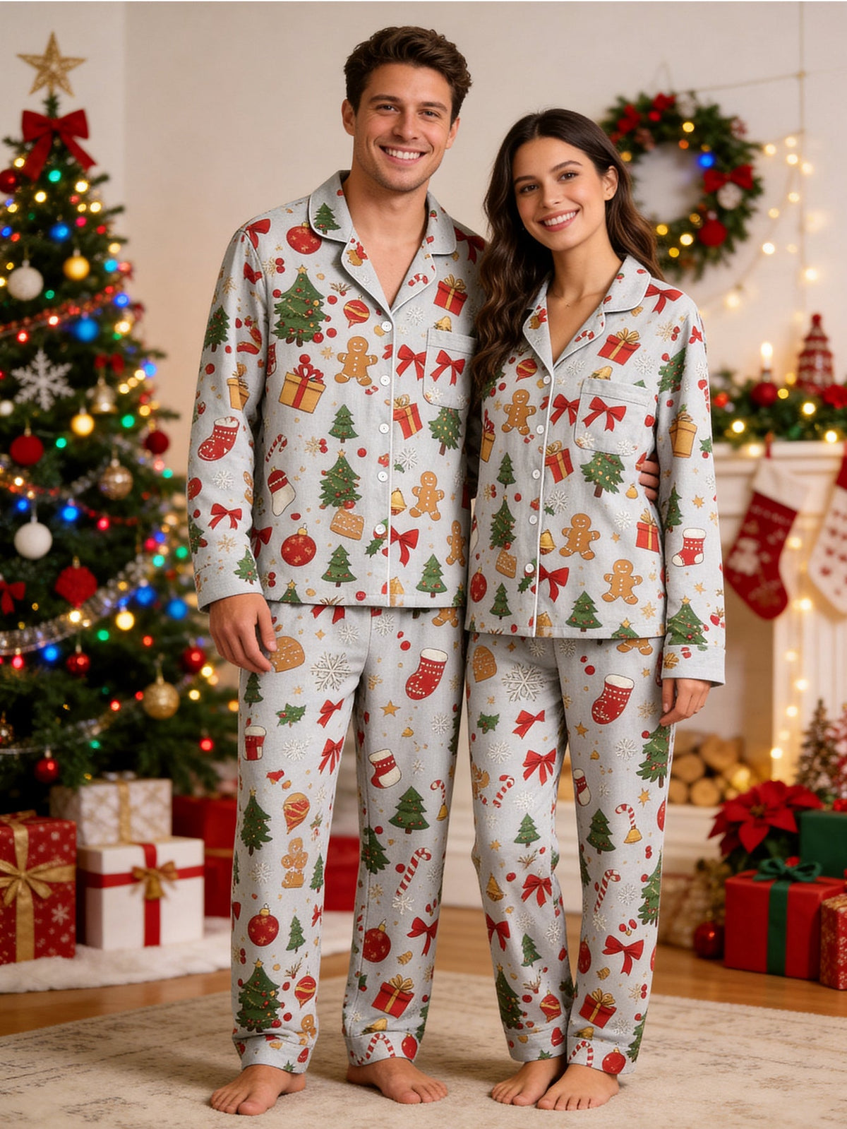Christmas Family Sleepwear 2-Piece Button-Down Long Sleeve Long Pants with Pocket - Gingerbread Man & Gift Box Print