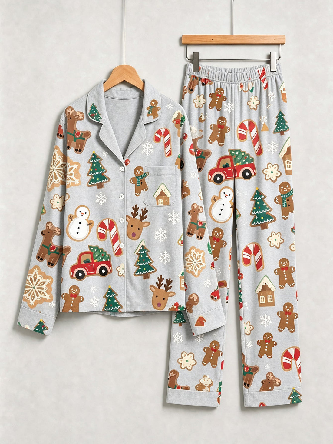 Family Christmas Pajamas Two-Piece Button-Front Long Sleeve Long Pants with Pocket - Gingerbread & Christmas Truck Print