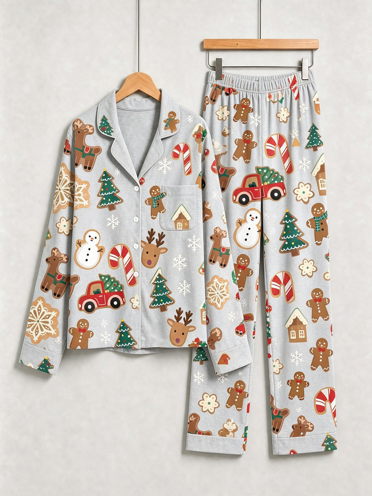 Family Christmas Pajamas Two-Piece Button-Front Long Sleeve Long Pants with Pocket - Gingerbread & Christmas Truck Print