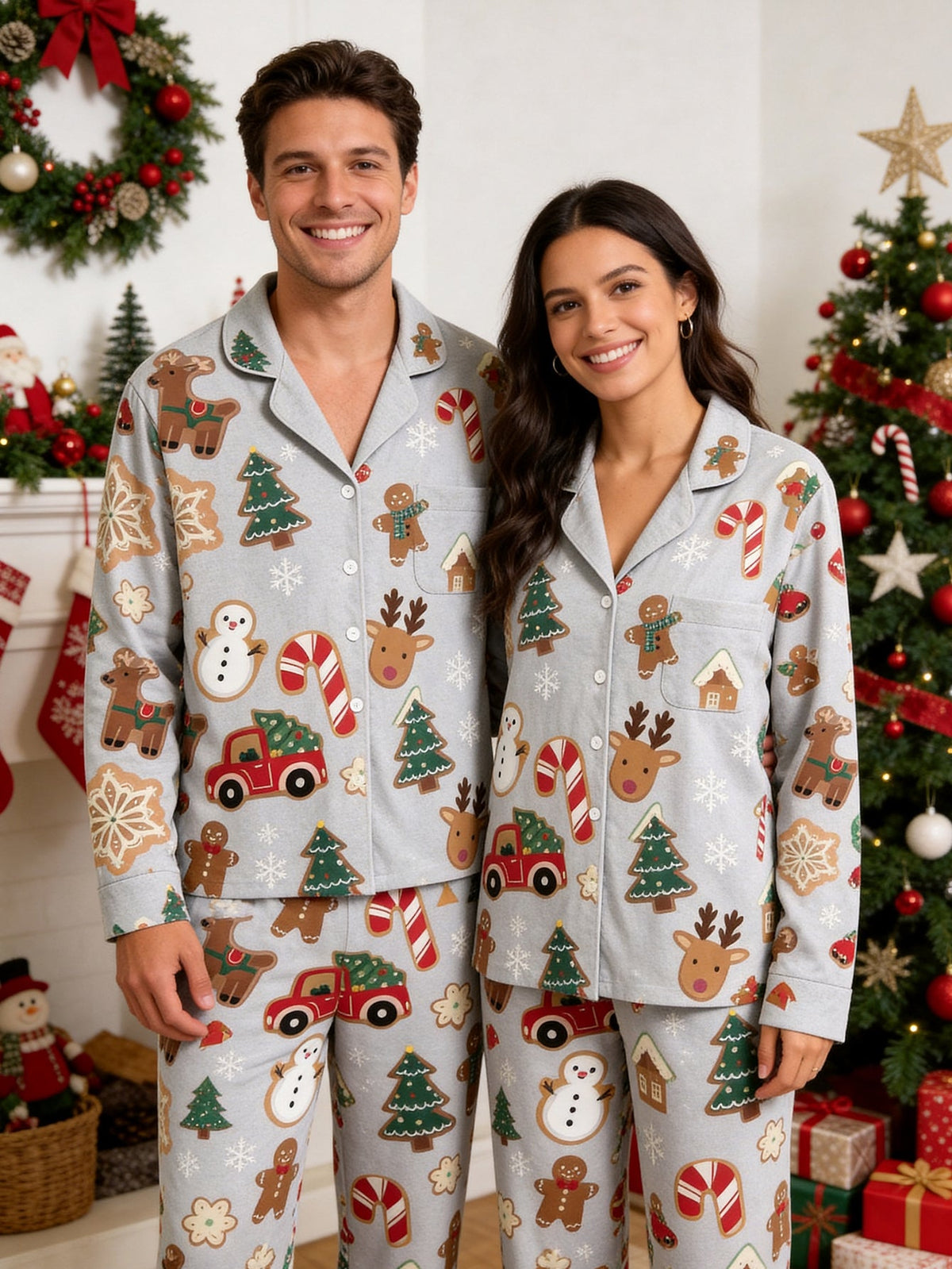 Family Christmas Pajamas Two-Piece Button-Front Long Sleeve Long Pants with Pocket - Gingerbread & Christmas Truck Print