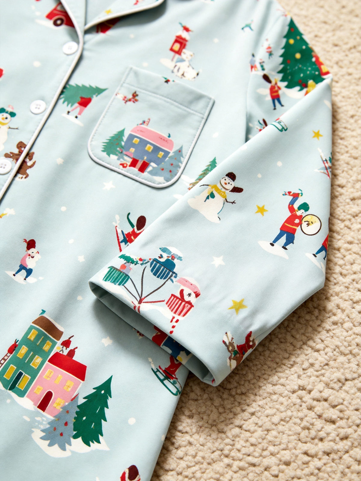 Matching Family Christmas Pajamas - Sage Green Winter Town & Skiing Print Button-Down PJs