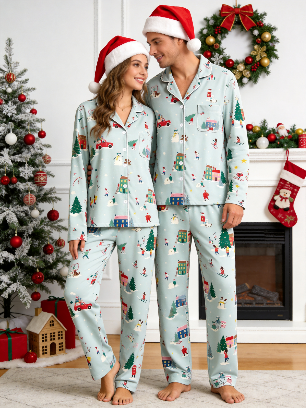 Matching Family Christmas Pajamas - Sage Green Winter Town & Skiing Print Button-Down PJs