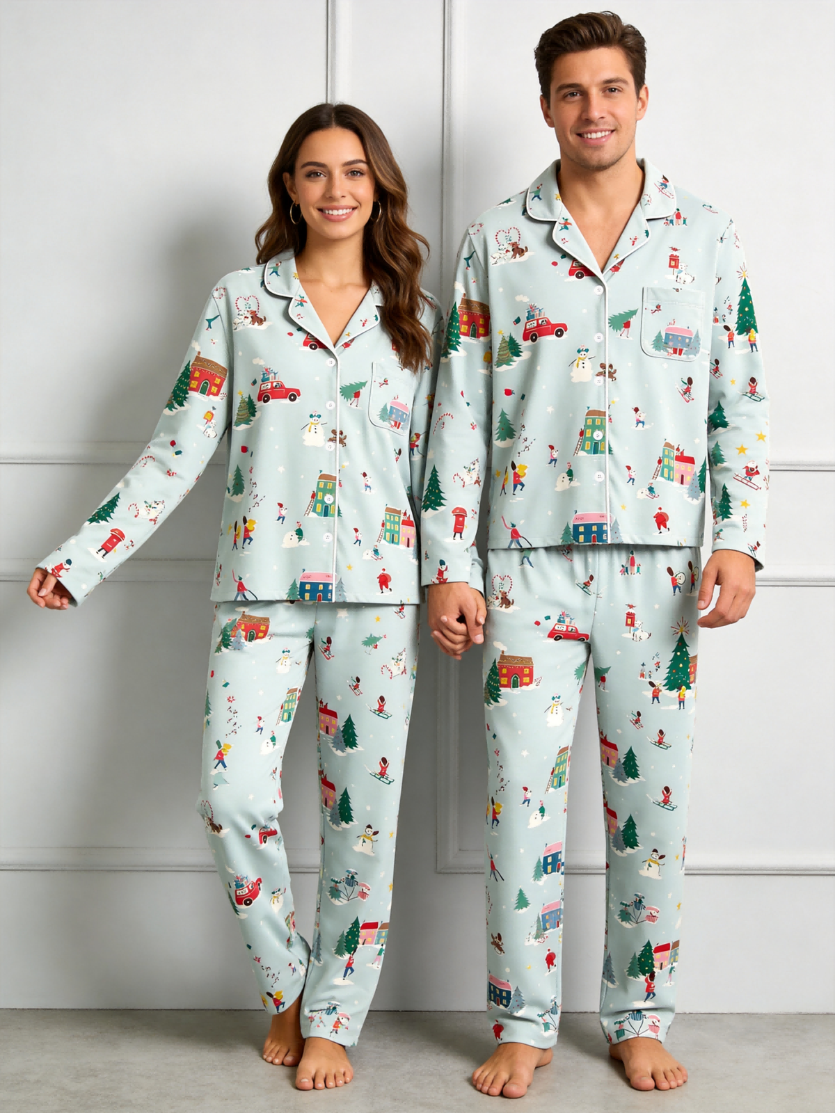 Matching Couple Christmas Pajamas - Sage Green Winter Town & Skiing Print Button-Down PJs