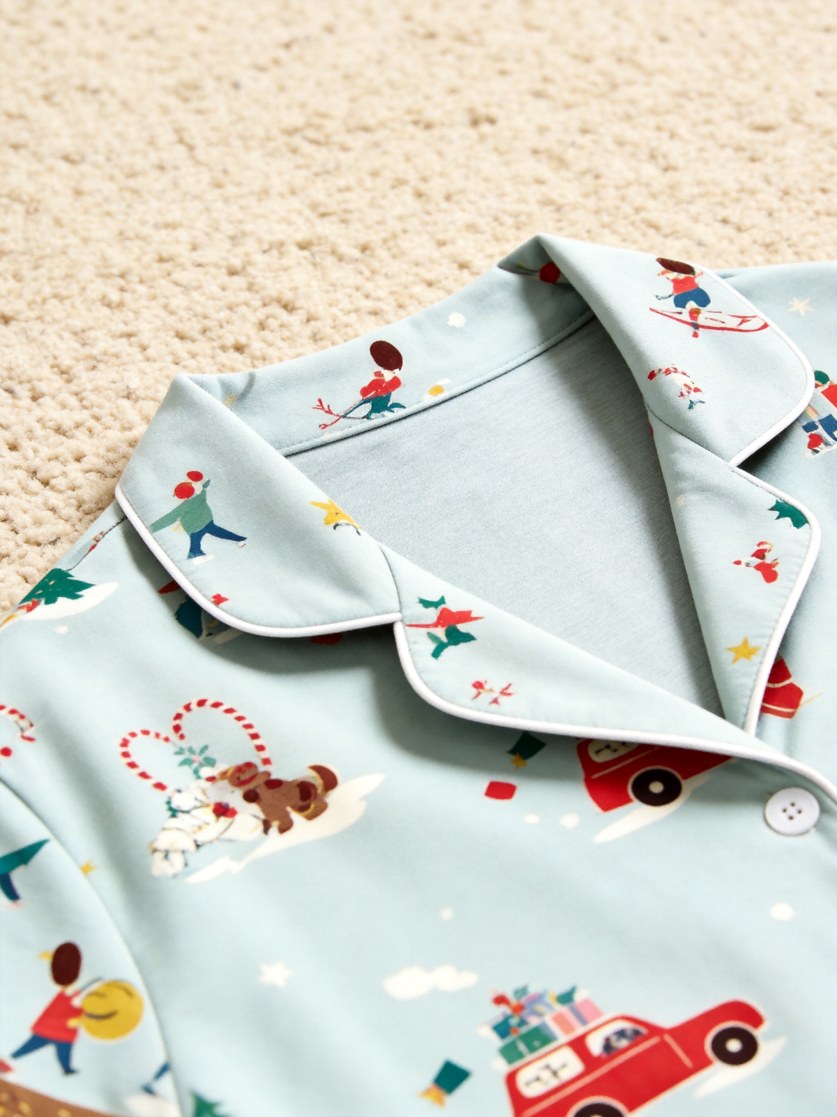 Matching Couple Christmas Pajamas - Sage Green Winter Town & Skiing Print Button-Down PJs