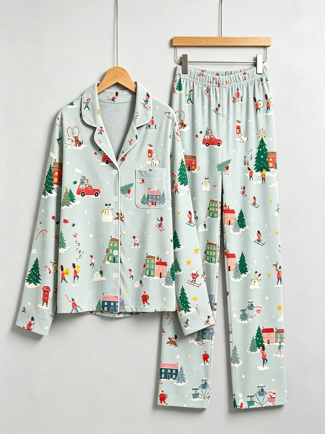 Matching Couple Christmas Pajamas - Sage Green Winter Town & Skiing Print Button-Down PJs