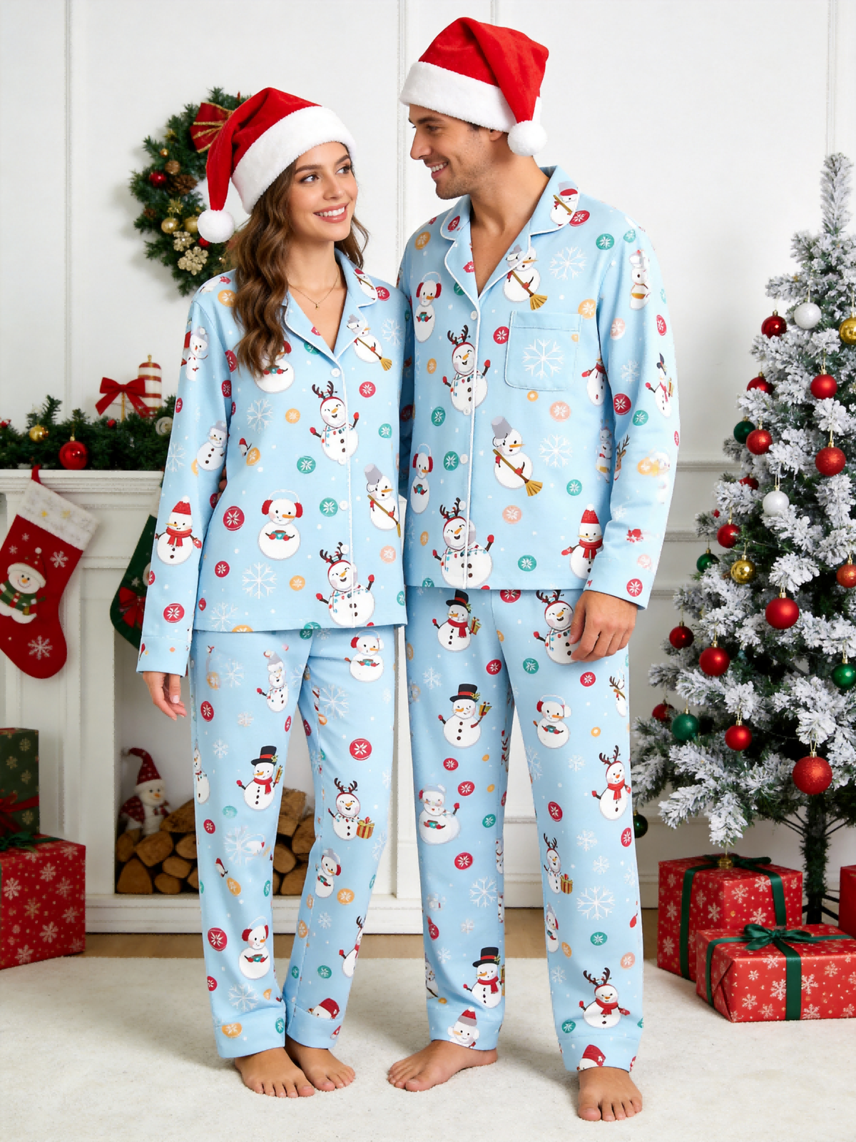 Matching Family Christmas Pajamas - Light Blue Cute Snowman & Reindeer Button-Down Sleep Set