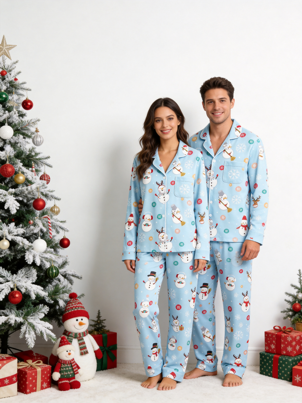 Matching Family Christmas Pajamas - Light Blue Cute Snowman & Reindeer Button-Down Sleep Set