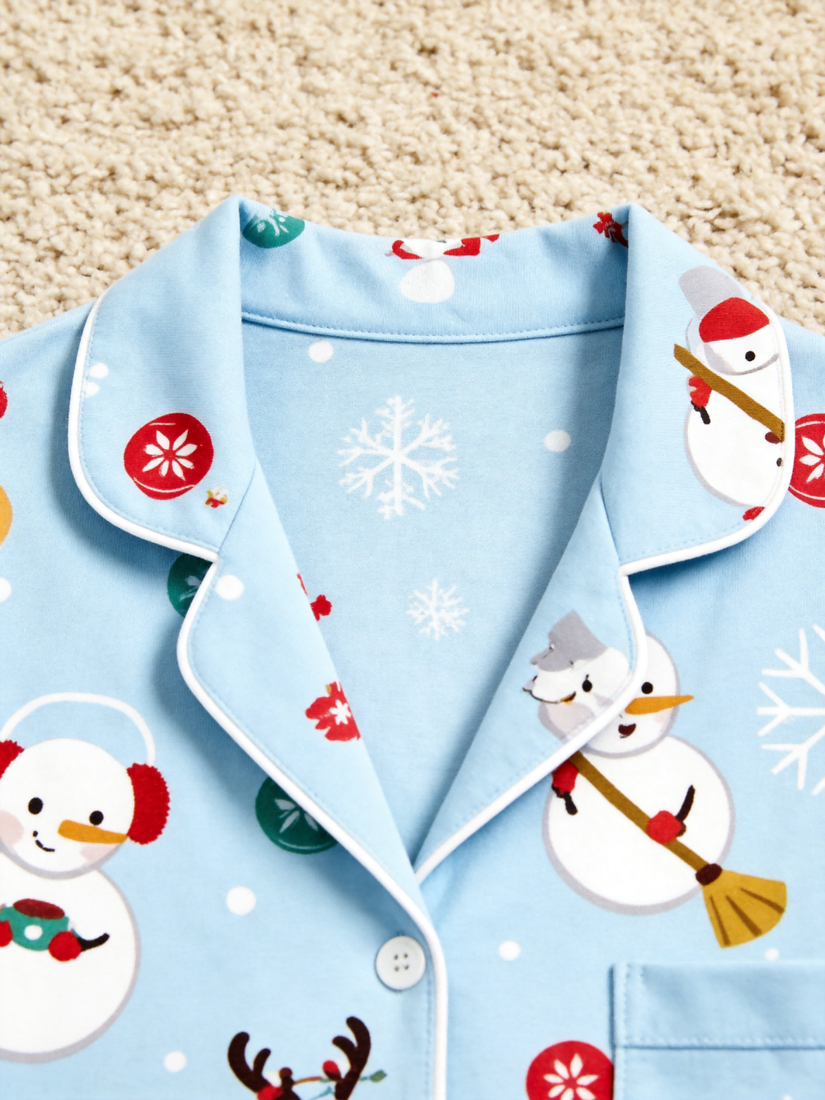 Matching Couple Christmas Pajamas - Light Blue Cute Snowman & Reindeer Button-Down Sleep Set