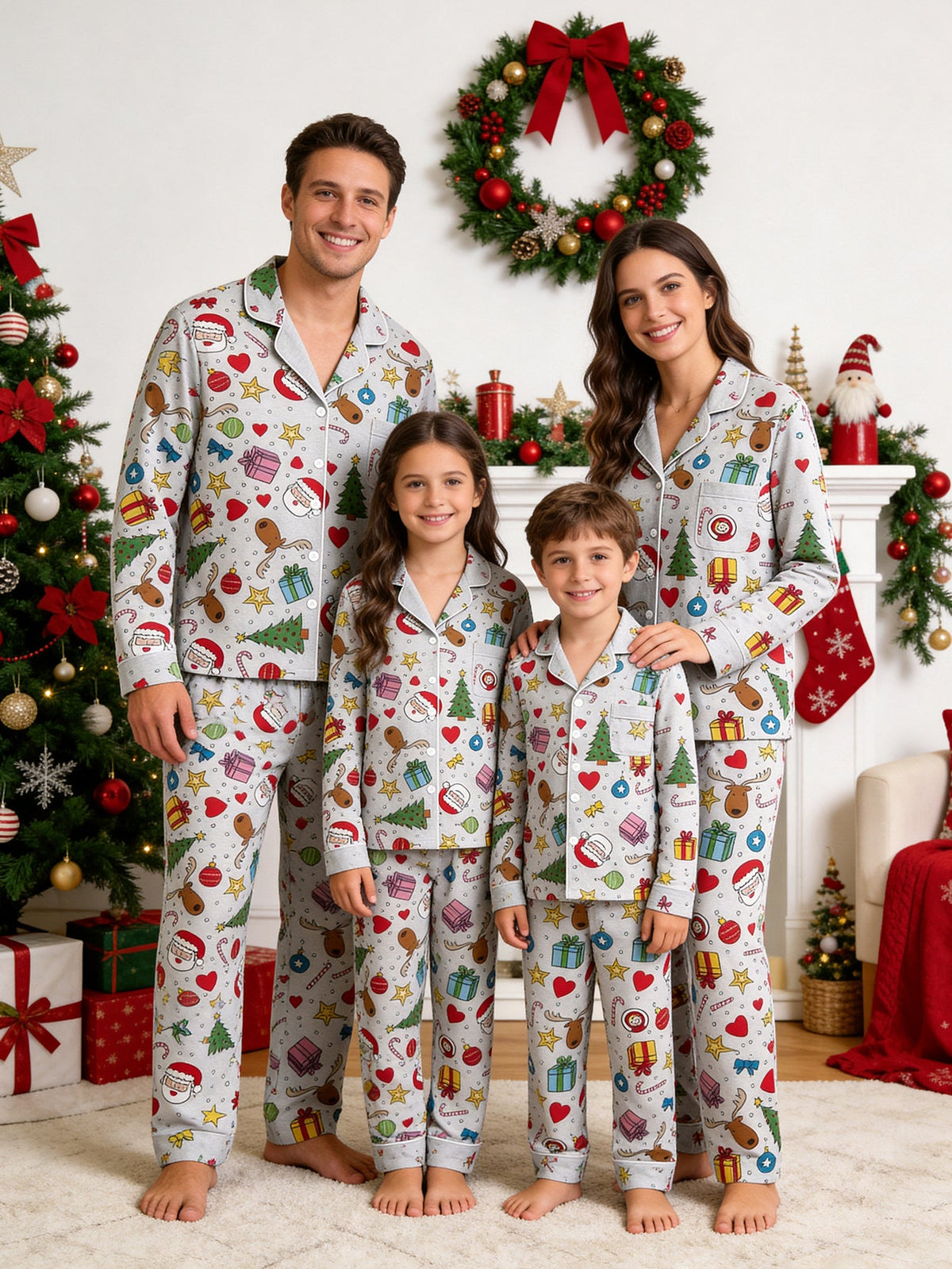 Christmas Family Pajamas 2-Piece Button-Down Long Sleeve Long Pants with Pocket - Santa Claus & Reindeer Print