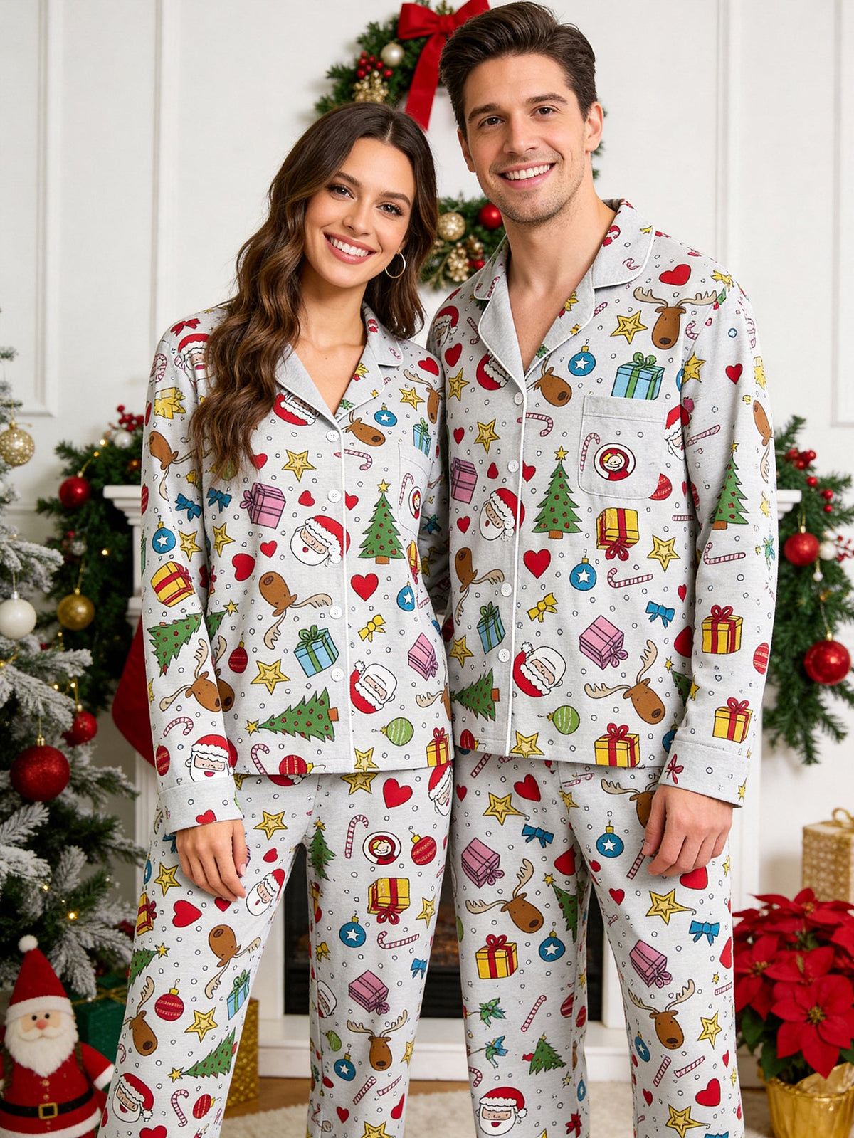 Christmas Family Pajamas 2-Piece Button-Down Long Sleeve Long Pants with Pocket - Santa Claus & Reindeer Print