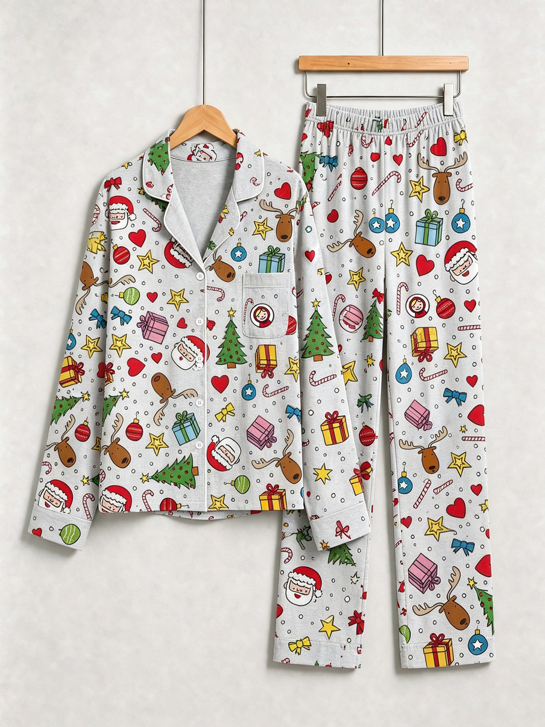 Christmas Family Pajamas 2-Piece Button-Down Long Sleeve Long Pants with Pocket - Santa Claus & Reindeer Print