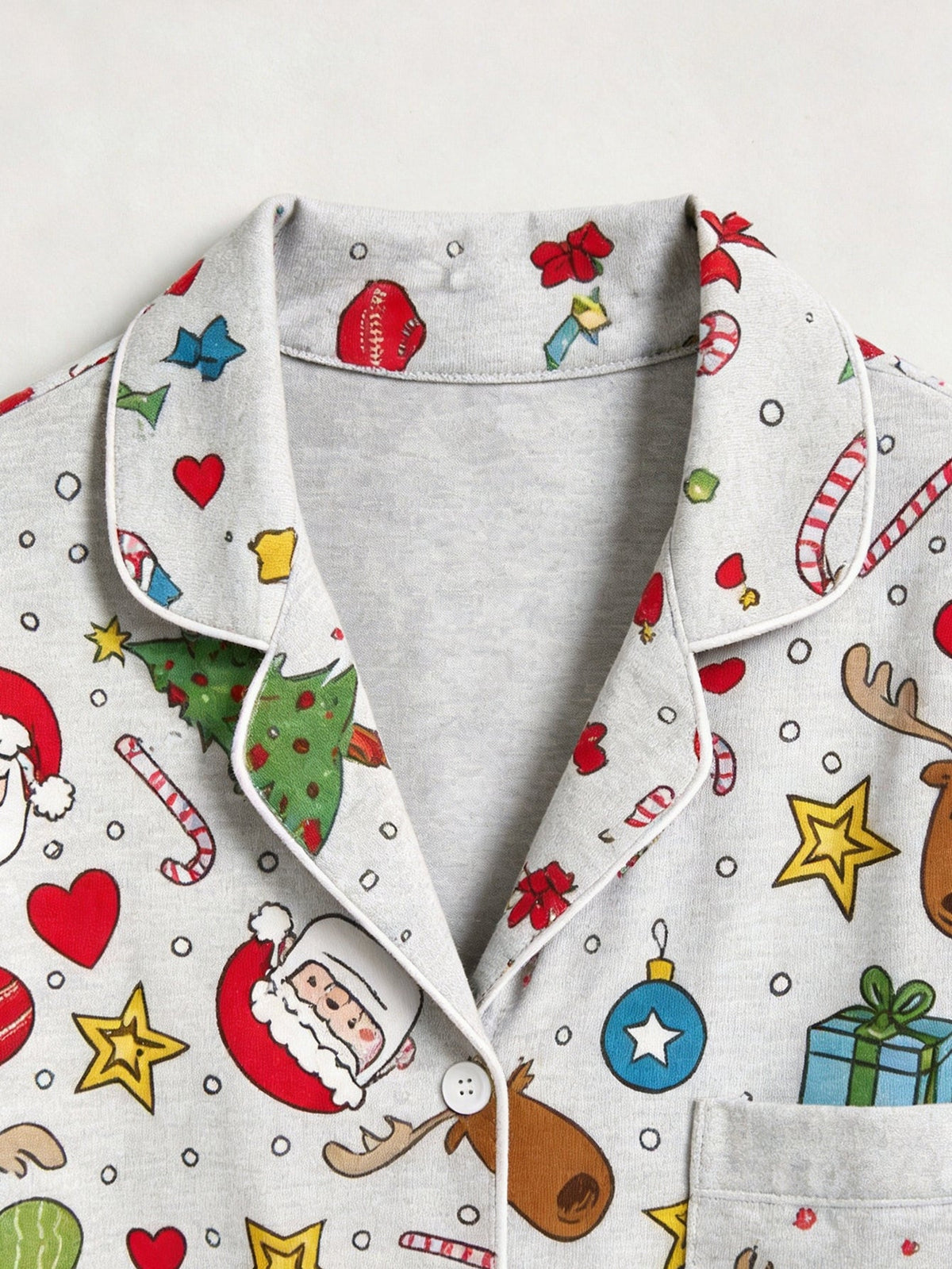 Christmas Family Pajamas 2-Piece Button-Down Long Sleeve Long Pants with Pocket - Santa Claus & Reindeer Print