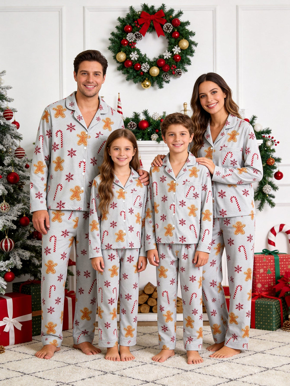 Holiday Family Sleepwear Two-Piece Button-Front Long Sleeve Long Pants with Pocket - Classic Gingerbread & Snowflake Print