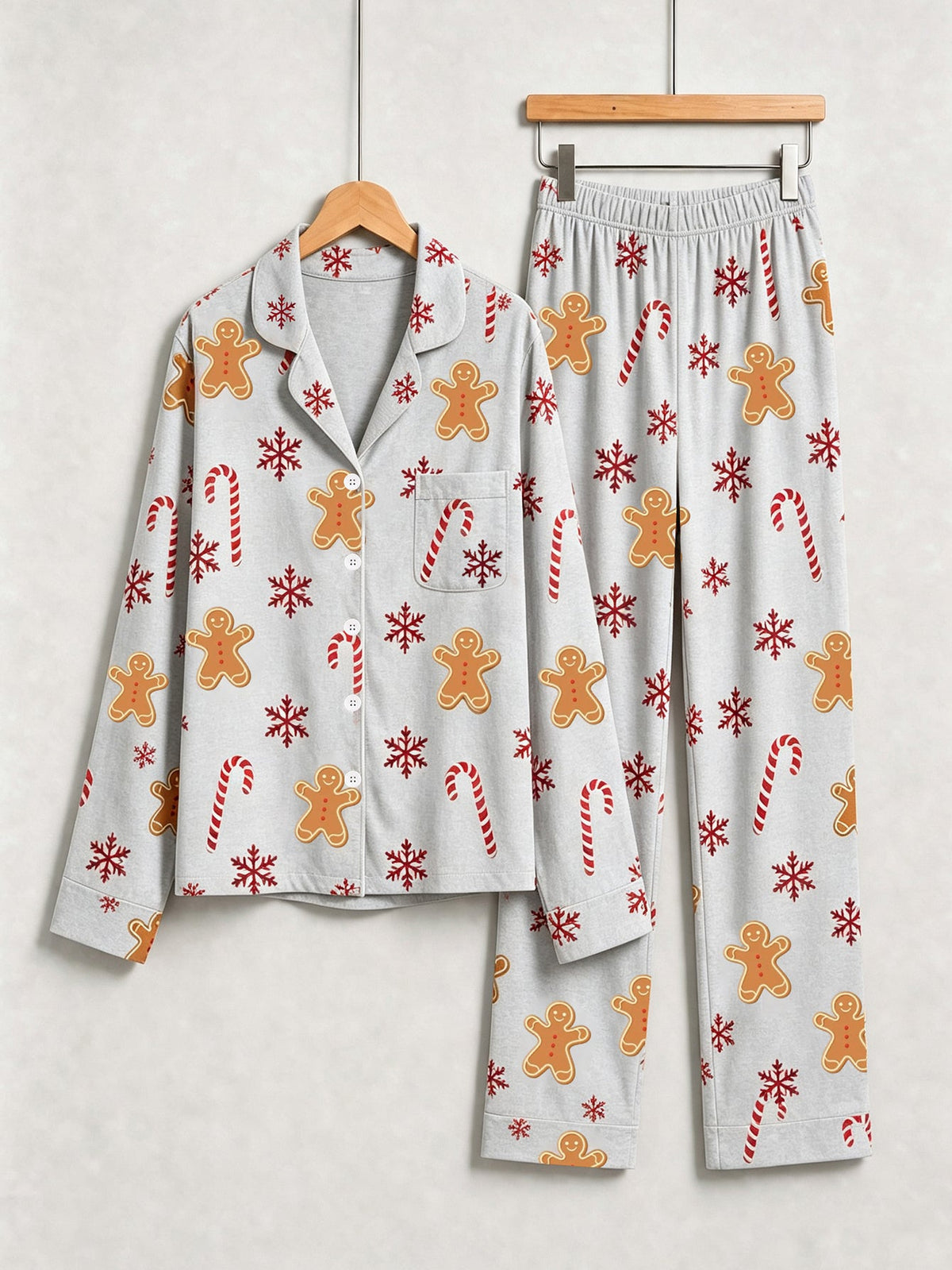 Holiday Family Sleepwear Two-Piece Button-Front Long Sleeve Long Pants with Pocket - Classic Gingerbread & Snowflake Print