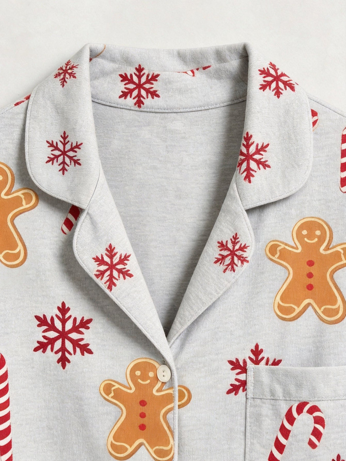 Holiday Family Sleepwear Two-Piece Button-Front Long Sleeve Long Pants with Pocket - Classic Gingerbread & Snowflake Print