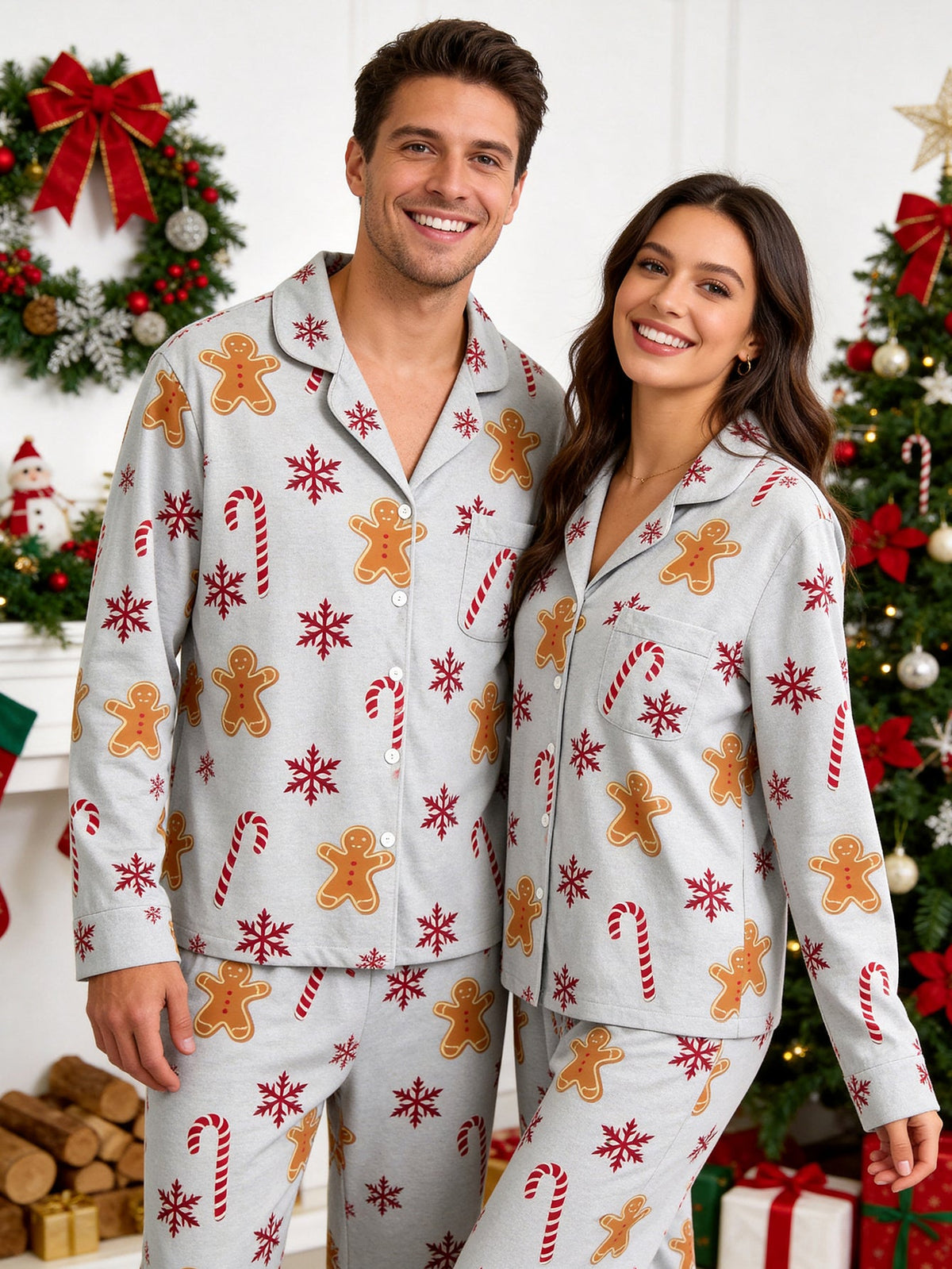 Holiday Family Sleepwear Two-Piece Button-Front Long Sleeve Long Pants with Pocket - Classic Gingerbread & Snowflake Print