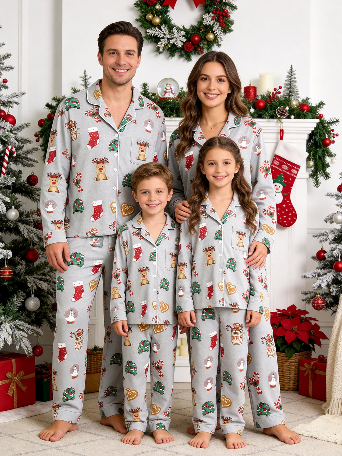 Christmas Family Pajamas 2-Piece Button-Down Long Sleeve Long Pants with Pocket - Reindeer & Snow Globe Print
