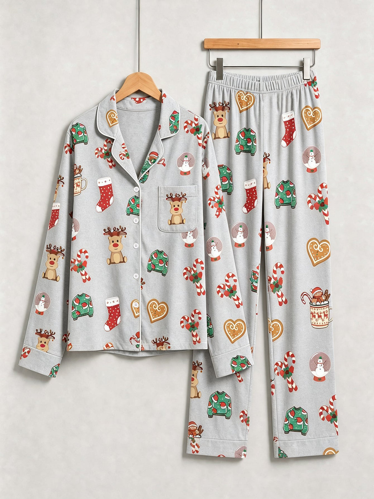 Christmas Family Pajamas 2-Piece Button-Down Long Sleeve Long Pants with Pocket - Reindeer & Snow Globe Print