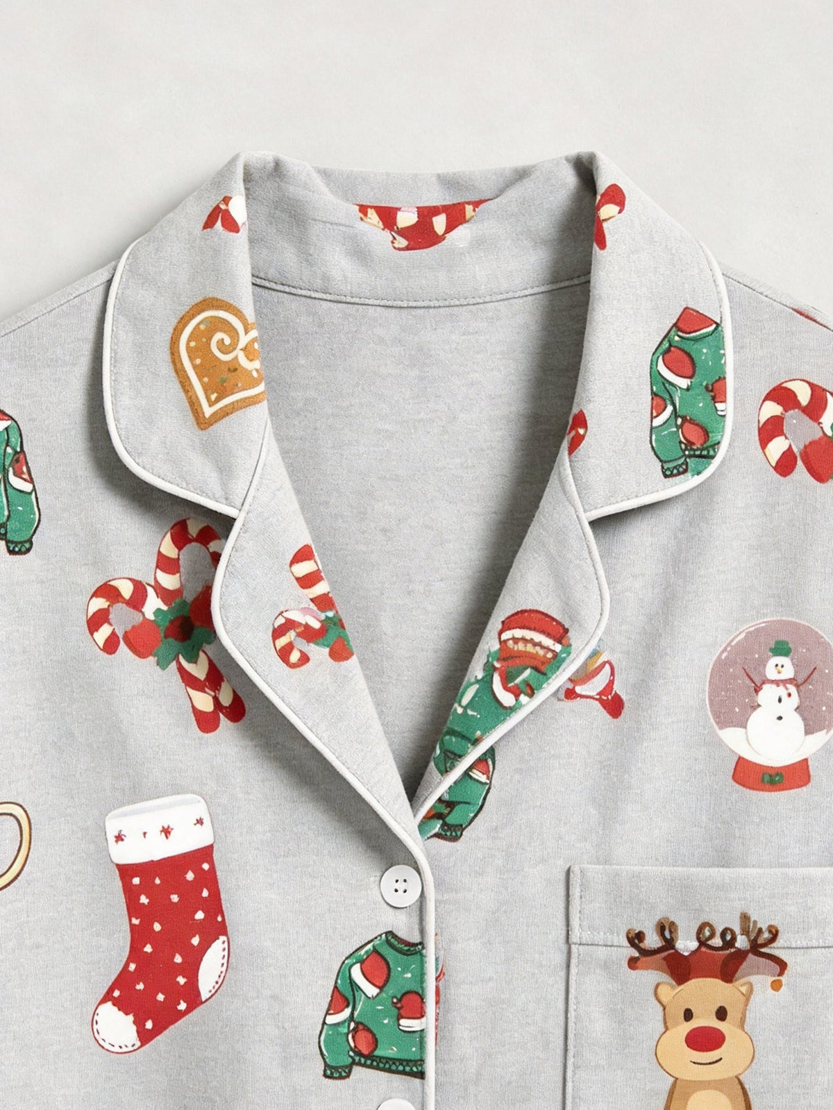 Christmas Family Pajamas 2-Piece Button-Down Long Sleeve Long Pants with Pocket - Reindeer & Snow Globe Print