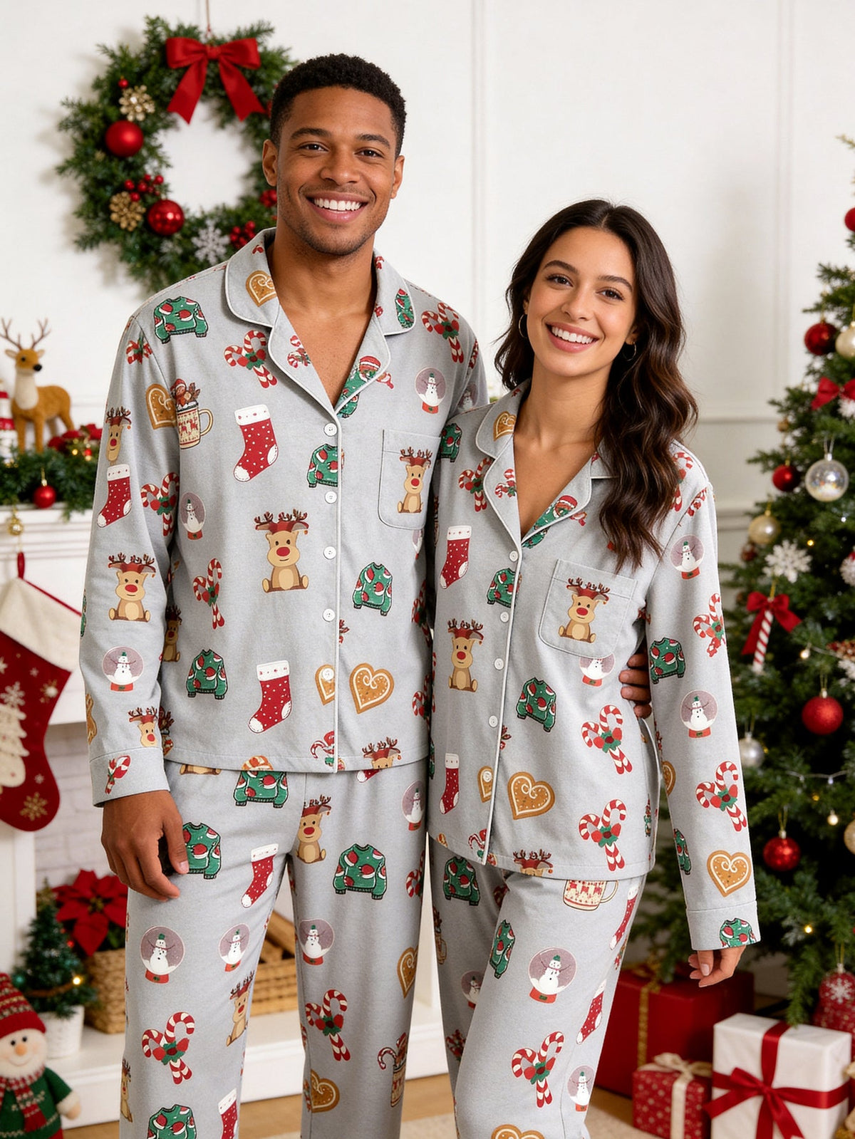 Christmas Family Pajamas 2-Piece Button-Down Long Sleeve Long Pants with Pocket - Reindeer & Snow Globe Print