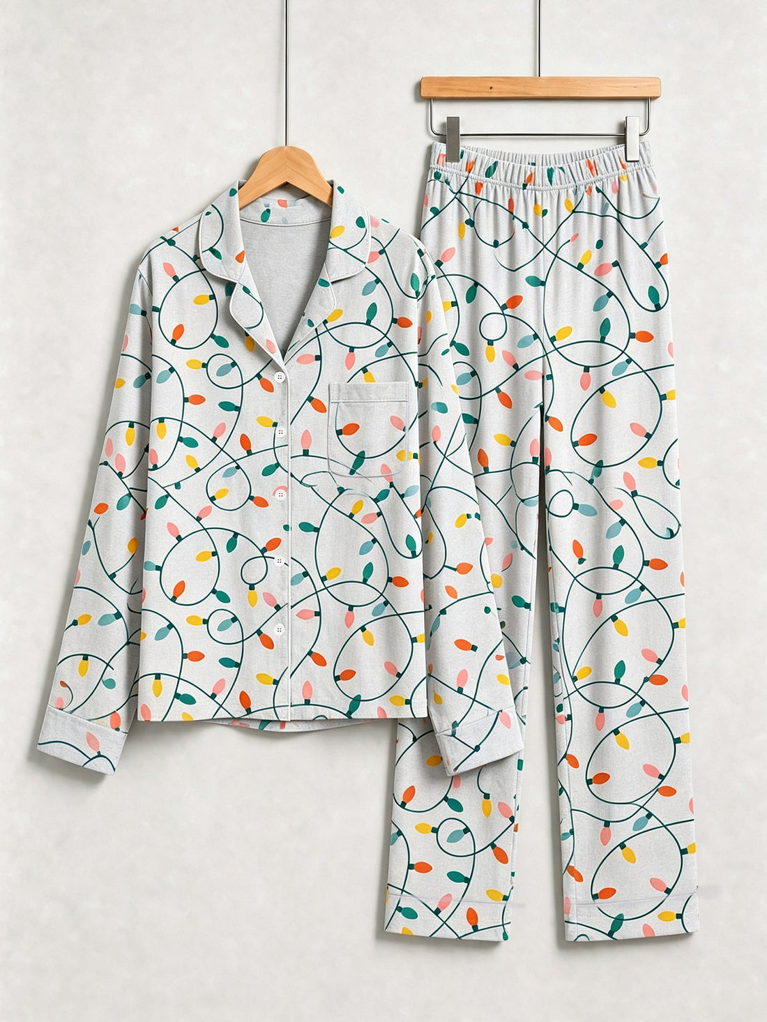 Christmas Family Pajamas 2-Piece Button-Down Long Sleeve Long Pants with Pocket - Colorful Christmas String Lights Print