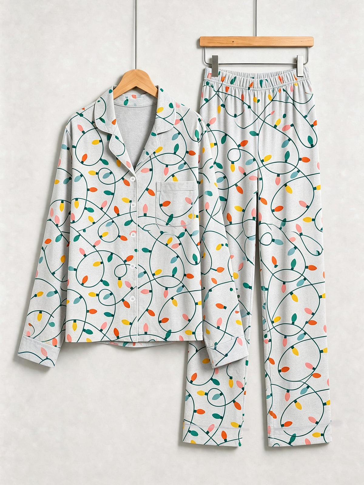 Christmas Family Pajamas 2-Piece Button-Down Long Sleeve Long Pants with Pocket - Colorful Christmas String Lights Print